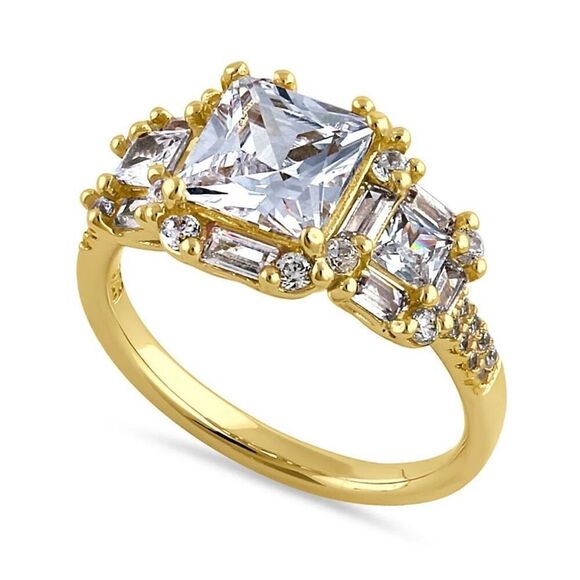 Sterling Silver Gold Vermeil Princess Emerald & Round Cut Clear CZ Ring - Picture 1 of 4
